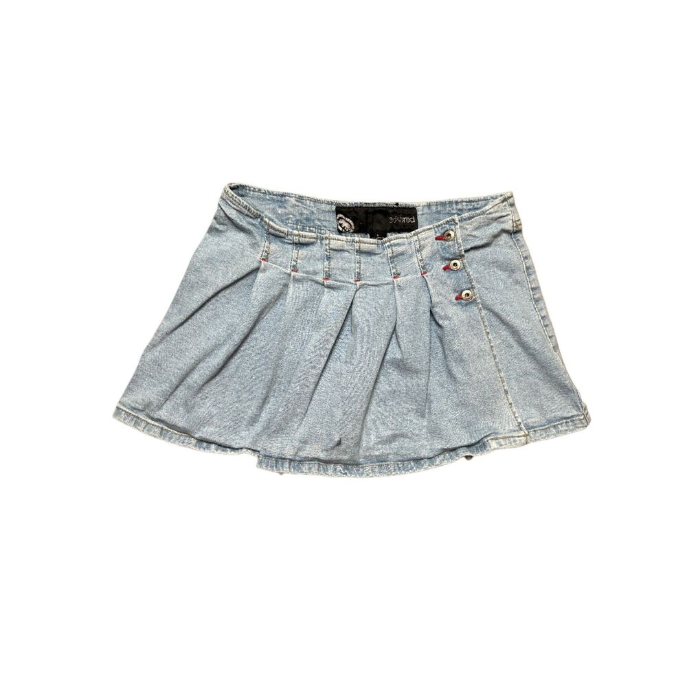 Vintage Ecko Red Pleated Denim Mini Skirt Y2K Light Wash Embroidered Rhino‎ 9